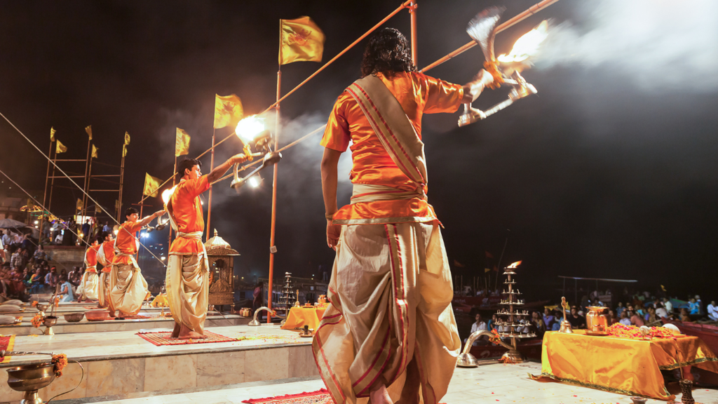 Preists performing Aarti at River Ganga